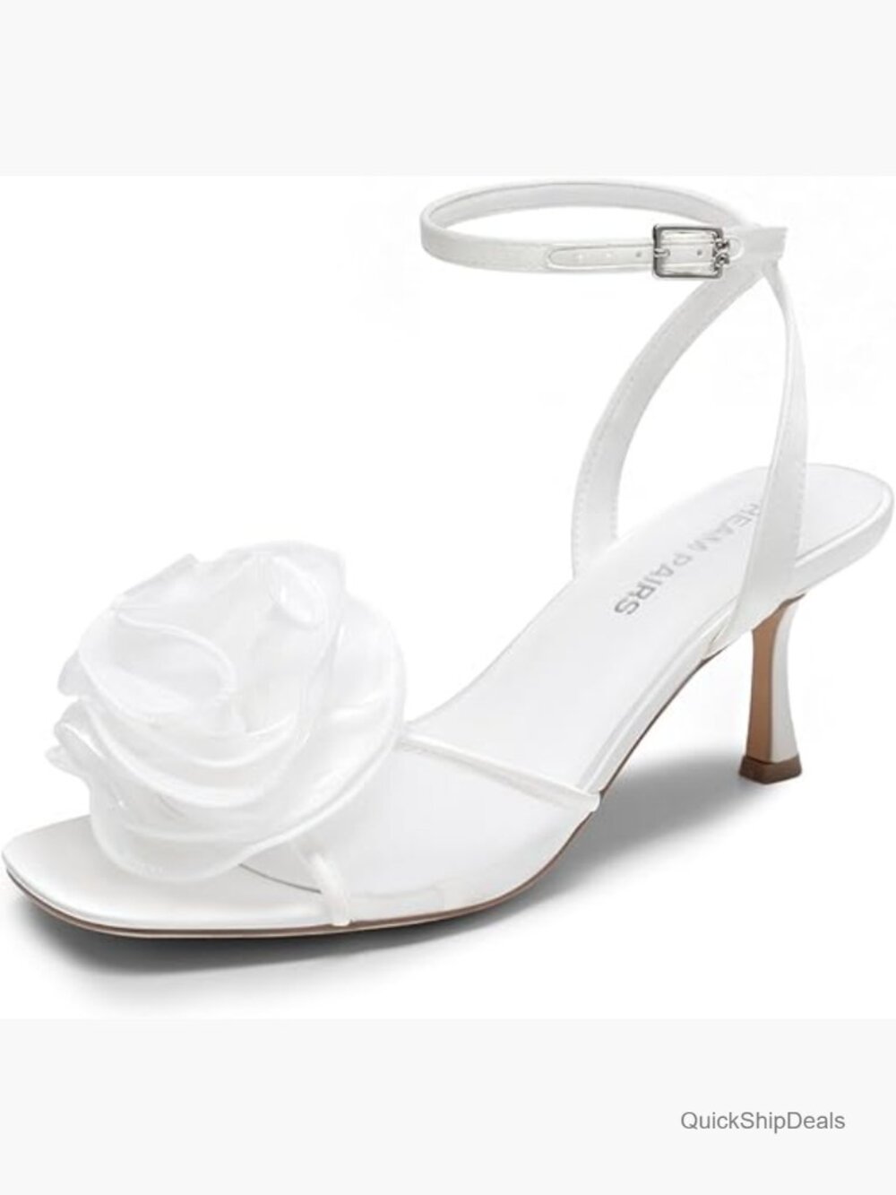 Low Kitten Heel Ankle Strap Square Toe Heeled Sandals with Floral Detail